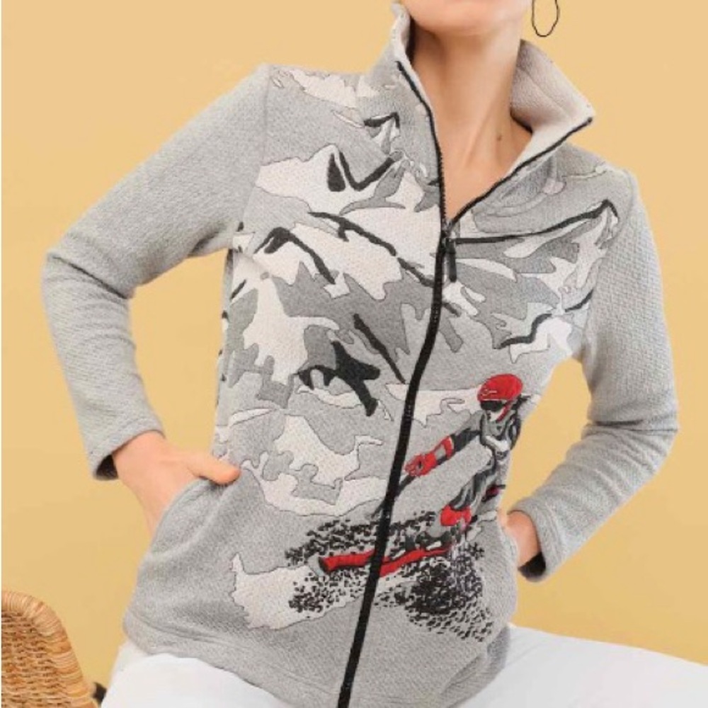 Gray and Red Artistic Ski Jacket with High Collar